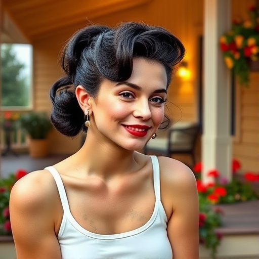 A photo of Marilyn Monroe with a background of a cozy porch. She has dark hair pulled back in an updo, with tendrils framing her face. She wears a white tank top and sits on the porch. The porch is part of a well-lit home with a warm, earthy tone and colorful flowers and foliage. The overall scene has a warm, welcoming, and comfortable ambiance.