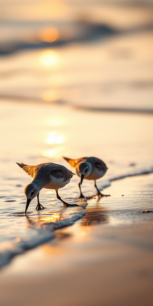 Close-up of two shorebirds foraging along the water's edge at a beach during golden hour, shallow depth of field, ISO 200, f/4, 1/500s, 70-200mm lens, DSLR camera, natural light, focus on the birds with blurred background.