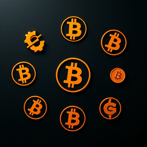 Create a high-resolution flat lay image of stylized orange cryptocurrency logos on a dark background, with soft shadows, using a DSLR camera with a 50mm lens, aperture set at f/2.8, ISO 100, and a focal length of 50mm for enhanced detail and depth of field.
