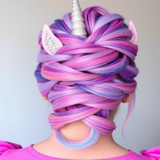 Mystical Unicorn Horn updo featuring a high, twisted bun with pastel purple, pink, and blue streaks, adorned with iridescent glitter and a decorative horn accessory