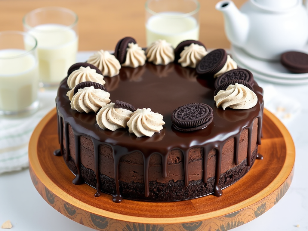 A round chocolate cake with an Oreo cookie topping and creamy swirls on the edge, drizzled with chocolate ganache, sitting on a wooden cake stand, accompanied by glasses of milk and a teapot in the background.