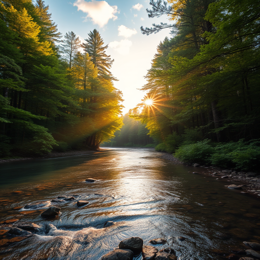 Create an image of a serene, sunlit forest scene with a clear, gently flowing river. Tall trees with lush green foliage line both sides of the river, their leaves bathed in the warm golden light of the setting or rising sun. The sunlight filters through the trees, casting soft, dappled light on the river, which flows over smooth rocks and pebbles, creating a peaceful, natural atmosphere. The sky is bright with a few scattered clouds, and the overall mood is tranquil, evoking a deep sense of connection with nature. The image captures the beauty of a calm, pristine forest landscape at either dawn or dusk.