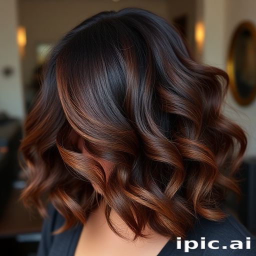 Sultry dark chocolate brown hair with caramel swirls, created by Mocha Swirl, showcasing a voluminous blowout with bouncy curls and subtle honey-toned highlights framing the face