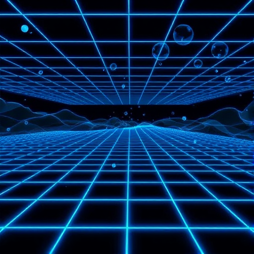 create an abstract digital landscape with a grid of glowing blue lines and geometric shapes, capturing a sense of depth and movement, shot with a DSLR camera at f/8, ISO 100, 1/60s exposure, wide-angle lens, and a 24mm focal length for sharpness and clarity.