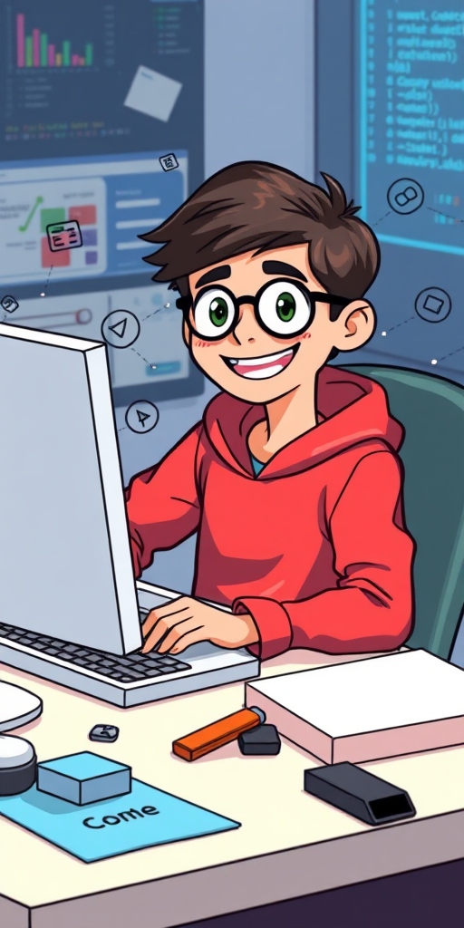 Create an illustration of a cheerful junior programmer sitting at a desk with a computer surrounded by coding elements, gadgets, and tech symbols, shot in a 50mm lens with f/1.8 aperture, ISO 200, and soft natural lighting for a vibrant and detailed image.