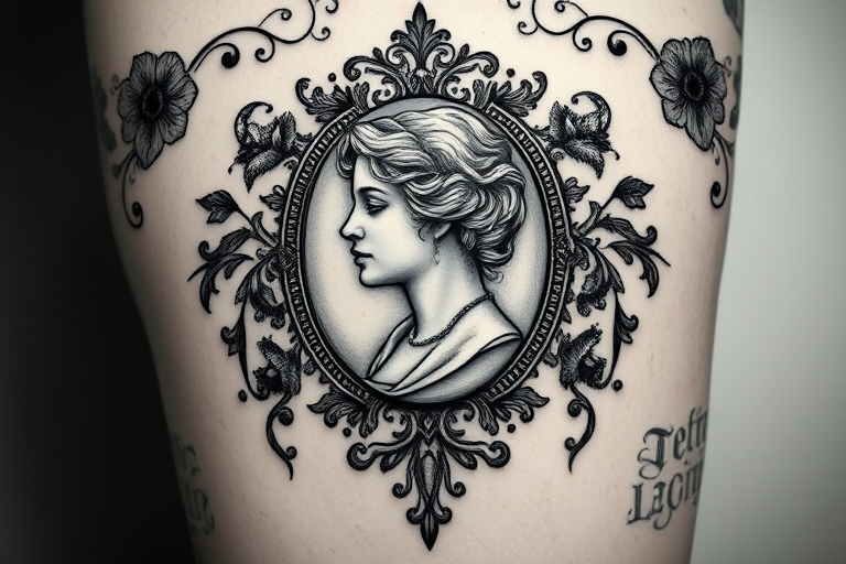 Gothic Victorian tattoo featuring an intricate cameo portrait surrounded by ornate filigree and dark floral elements, rendered in a monochromatic palette with subtle gray shading