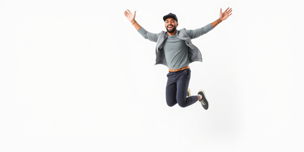 Full body shot of a man joyfully jumping mid-air in casual athletic wear against a plain white background, shot with a DSLR camera at f/2.8, ISO 100, shutter speed 1/500s, using a 50mm lens for a crisp focus and shallow depth of field.