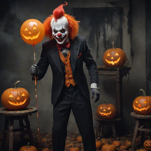 Illustrate a sinister clown with bright orange hair and a dark, menacing smile. The clown is holding a spooky jack-o'-lantern balloon and a carved pumpkin. Dress the clown in a formal suit with a large red bow tie to enhance the eerie Halloween ambiance. Aim for a chilling, unsettling style that captures the essence of Halloween horror.