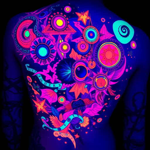 Psychedelic UV blacklight tattoo entitled "Neon Dreamscape" featuring a vibrant abstract composition of swirling patterns geometric shapes and surreal imagery rendered in specialized UV-reactive inks that appear as subtle pastel hues in normal lighting but transform into a kaleidoscope of fluorescent colors under blacklight creating a mesmerizing visual spectacle that seems to come alive in the dark