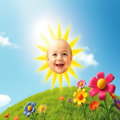 Create an image shows a bright, sun with a smiling baby's face in the center, radiating soft yellow rays. The sun is set against a clear blue sky with a few wispy clouds. Below, there's a lush green grassy hill with colorful, oversized flowers, giving the scene a whimsical, playful atmosphere.