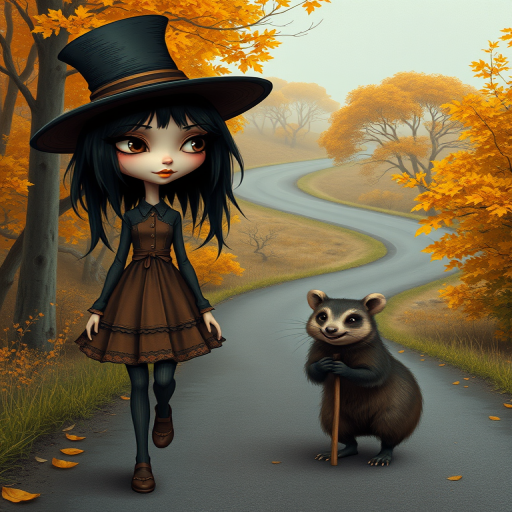 digital art fantasy depicting a strange girl with black hair, long eyelashes, Yellow lipstick and a tall hat walking along a winding road on an autumn afternoon, an Numbat smiles as she passes