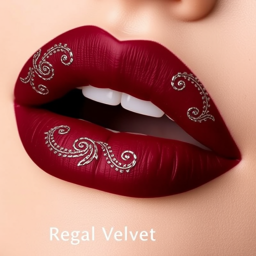 Matte burgundy lips with intricate silver filigree designs, named "Regal Velvet," exude sophistication and elegance, ideal for formal events and red carpet appearances