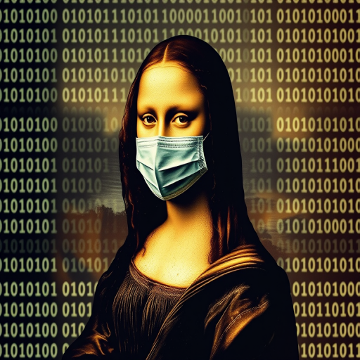 Regenerate the image of the Mona Lisa wearing a mask, with a digital background of binary code, shot with a DSLR camera at f/2.8, ISO 100, 50mm lens, in portrait orientation and high dynamic range style for enhanced clarity and vibrancy.