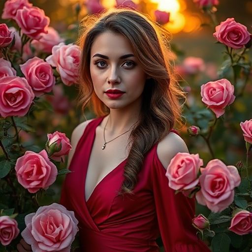 portrait of a woman in a deep red dress surrounded by blooming roses, soft focus, golden hour lighting, DSLR camera, aperture f/1.8, ISO 100, 50mm lens, shallow depth of field, natural light