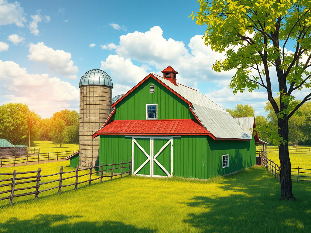 Create a vibrant digital illustration of a green barn with a silos in a farm setting, captured with a DSLR camera at f/2.8, ISO 100, 24mm lens, top-down view, in a bright daylight style to enhance detail and color quality.