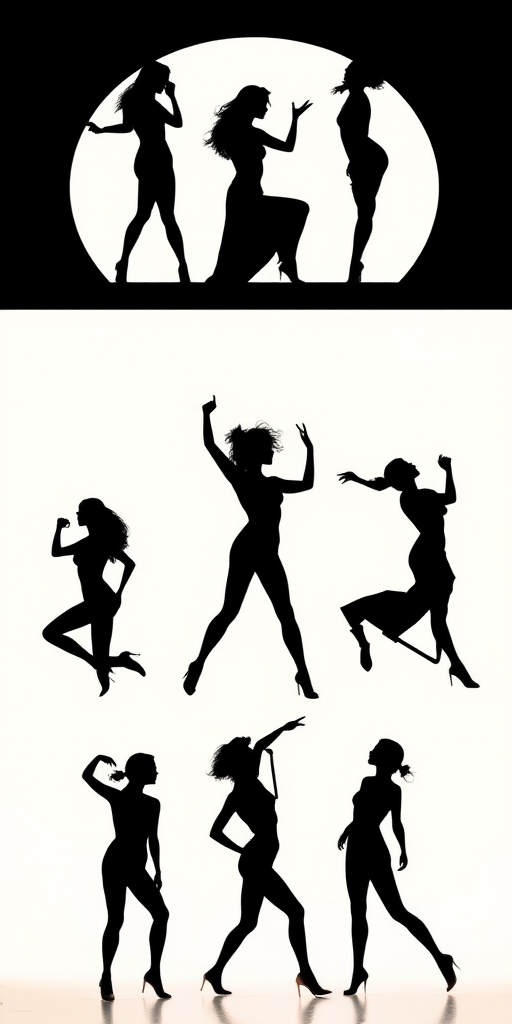 Generate an image of various abstract female silhouettes in dynamic poses with a high-contrast background, using a DSLR camera with a 50mm lens at f/2.8, ISO 100, and a shallow depth of field for enhanced detail and focus.