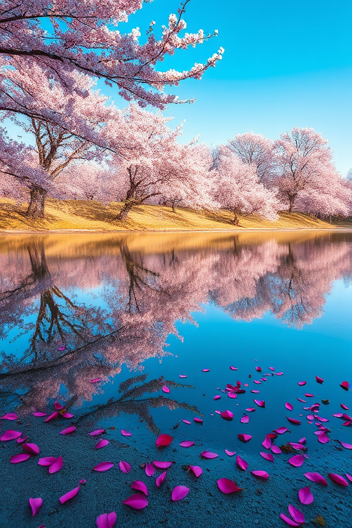 Generate an image of a serene landscape featuring cherry blossom trees reflected in a calm body of water, with vibrant pink petals scattered on the sandy shore under a clear blue sky, captured with a Canon EOS R5 at f/8, ISO 100, 24mm lens, in landscape orientation.