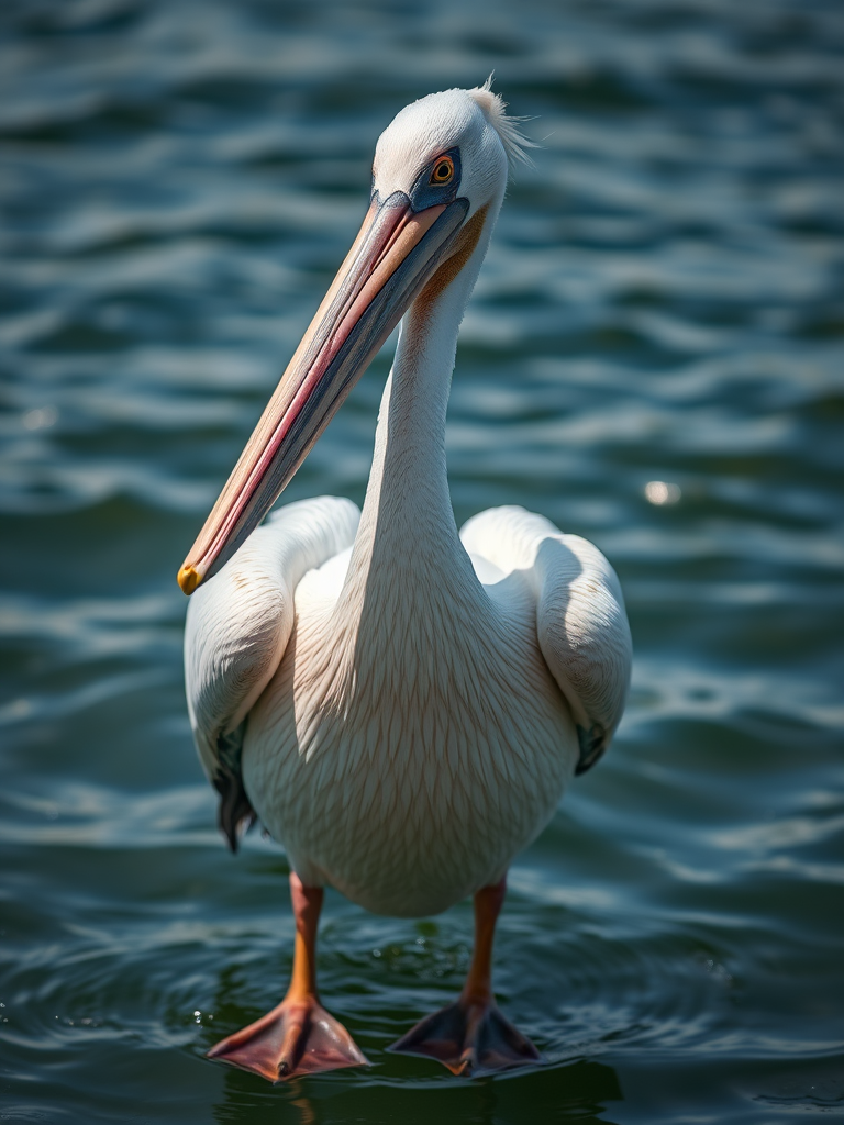 Regenerate an image of a pelican in sharp detail with a shallow depth of field, ISO 100, f/2.8 aperture, 1/200 sec shutter speed, 50mm lens, taken from a low angle to highlight the bird against a blurred background of water.