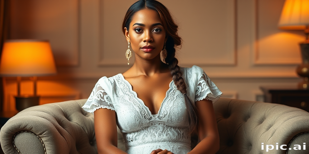 Create a portrait of a refined and elegant woman seated in a sophisticated setting. She has long, wavy hair styled in two thick braids that are pulled over her shoulders. She wears a white, lace gown with intricate patterns, featuring a deep V-neckline and short sleeves. The dress exudes a vintage charm with its delicate lacework. She is adorned with ornate, dangling earrings that add a touch of glamour to her appearance. The background is softly lit, with warm, ambient lighting that creates a cozy and inviting atmosphere. Her expression is poised and serene, capturing a sense of grace and elegance.