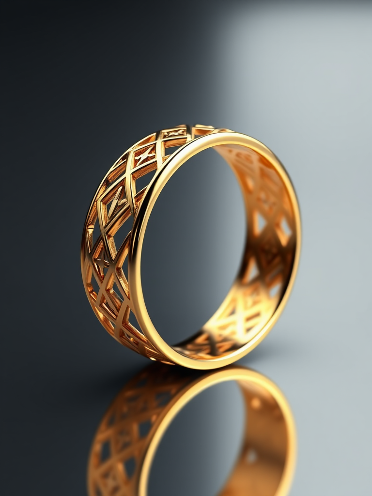 Create a high-resolution 3D render of a golden ring with intricate geometric patterns, shot from a slightly elevated angle, using a 50mm lens at f/2.8, with a softbox lighting setup to enhance reflections, in a digital studio environment.