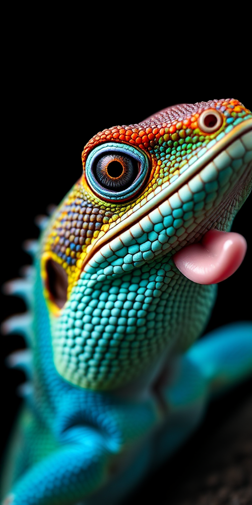 high-resolution close-up of a colorful lizard with vibrant blue and green scales, tongue out, shot with a Canon EOS R5, 85mm lens, aperture f/1.8, shutter speed 1/250 sec, ISO 200, against a black background for dramatic contrast, focus on the eye for detail.