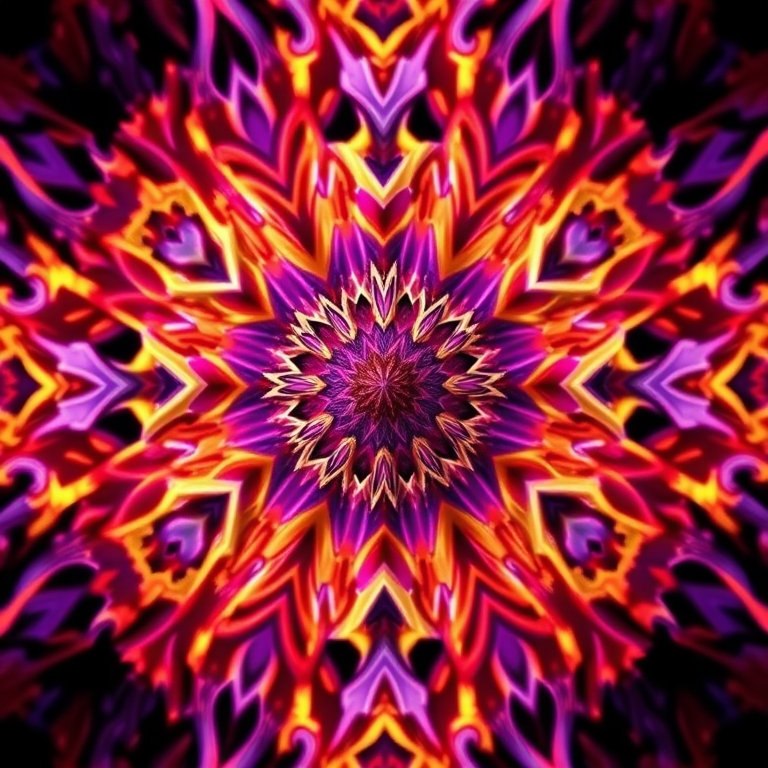 Generate a high-resolution abstract fractal image featuring vibrant purples, golds, and reds with sharp details and soft gradients, using a Canon EOS 5D Mark IV, 50mm lens, f/1.8 aperture, ISO 100, shot from a slightly tilted aerial perspective to emphasize depth and texture.