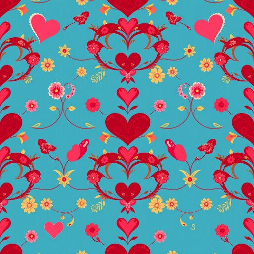 Generate a high-resolution repeating pattern of interconnected hearts and floral elements on a blue background, captured with a DSLR camera using a 50mm lens, aperture f/2.8, shutter speed 1/250s, ISO 100, top-down view, vibrant colors and sharp details.