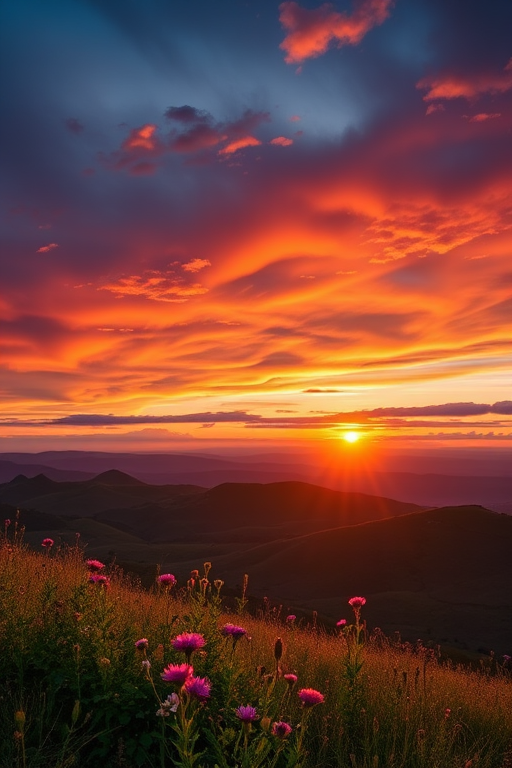Create a vibrant landscape scene featuring a sunset over rolling hills, foreground with wildflowers, deep colors in the sky, shot with a DSLR camera, aperture f/8, ISO 200, focal length 35mm, in landscape orientation.
