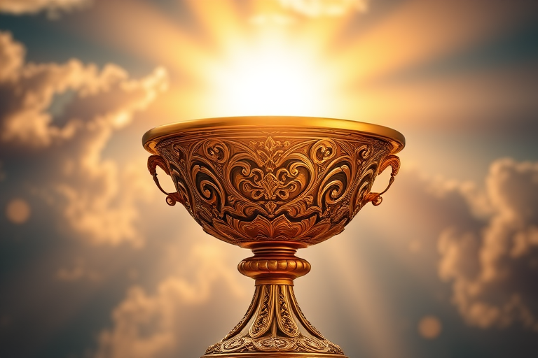 Generate a high-resolution image of an ornate golden chalice with intricate details, illuminated by radiant beams of light against a dramatic sky with clouds, shot with a 50mm lens at f/1.8, with soft bokeh and a warm color palette, in a studio lighting style using a DSLR camera.