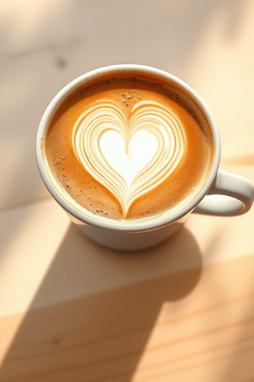 Create a high-resolution digital illustration of a cappuccino cup with heart-shaped latte art on top, shot from an overhead perspective, using a 50mm lens aperture f/1.8, ISO 100, with soft natural lighting to enhance colors and texture.