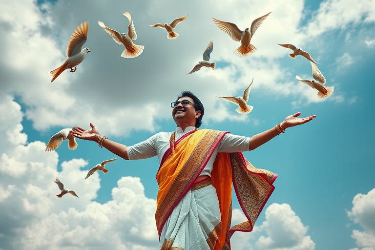 Create an image of a joyful figure in traditional Indian attire, arms outstretched, surrounded by flying doves against a dramatic sky with fluffy clouds, captured with a Canon EOS 5D Mark IV, using an aperture of f/2.8, shutter speed of 1/500s, ISO 100, at a mid-range perspective in natural lighting for vibrant colors and sharp details.
