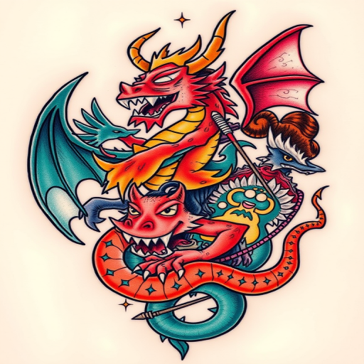 Neo-traditional tattoo dubbed "Mythical Menagerie" featuring stylized mythical creatures with bold lines, vivid colors, and exaggerated features in a whimsical and fantastical composition