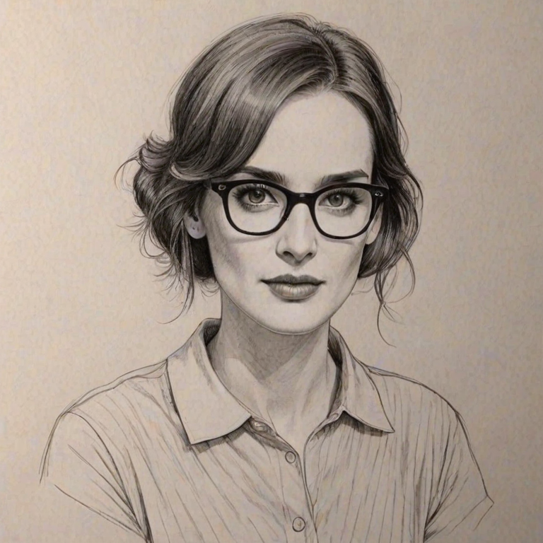 Superb Winona Ryder, pencil sketch, portrait of Attractive woman 1925s in glasses, hair style beatnik, outline, clear lines, fine lines, 8k