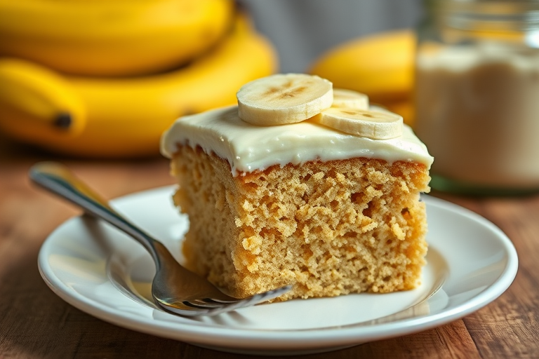 A slice of moist banana cake with creamy frosting topped with banana slices on a white plate with a fork beside it, set against a blurred background of more bananas and a jar, showcasing a cozy kitchen atmosphere.