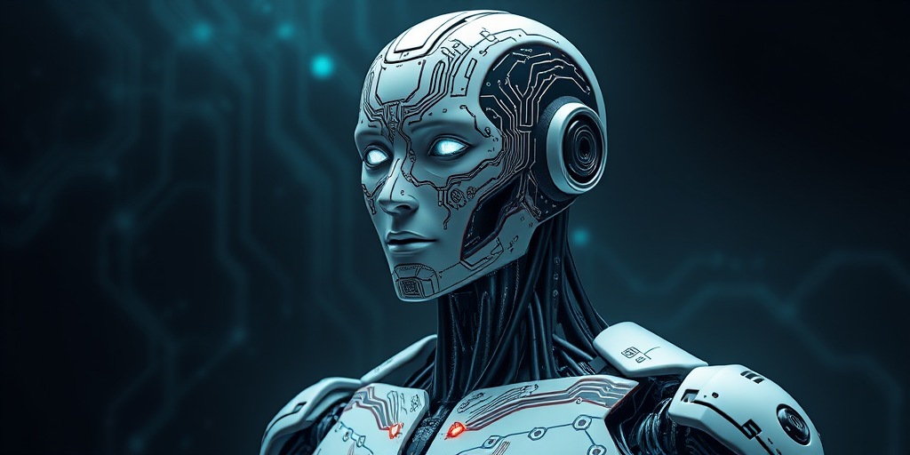 Create an image of a futuristic humanoid robot with intricate circuit patterns on its face and torso, set against a dark, abstract background with glowing data streams, using a 50mm lens, f/1.8 aperture, ISO 100, and a high-resolution digital camera to capture fine details and textures.