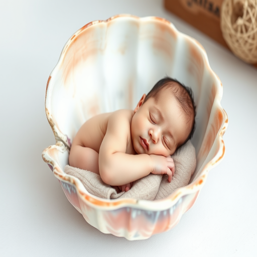 Create a high-quality watercolor illustration of a sleeping baby in a clam shell, soft pastel colors, using a Canon EOS 5D Mark IV, f/2.8 aperture, 50mm lens, natural light, and focus on capturing fine details and textures.