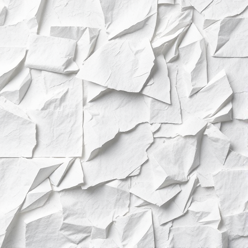 regenerate a high-resolution abstract artwork featuring layers of textured, crumpled paper in shades of white and gray, using a DSLR camera with a 50mm lens, aperture f/2.8, ISO 100, in soft natural light for even illumination and a shallow depth of field to enhance detail in textures.