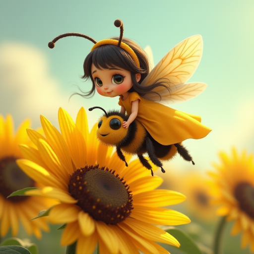 a whimsical cute girl with big eyes, big hair and flowing dress, riding astride a bumble bee, and flying across the top of the sunflower, which are just waking up, and catching dew drop of rain