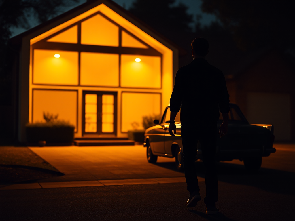 create a digital illustration of a silhouette of a man walking towards a vintage car parked in front of a modern house at night, with warm lights illuminating the scene, shot with a DSLR camera at f/2.8 aperture, 50mm lens, ISO 400, with a low angle view to emphasize depth and shadows, in a cinematic style for dramatic effect