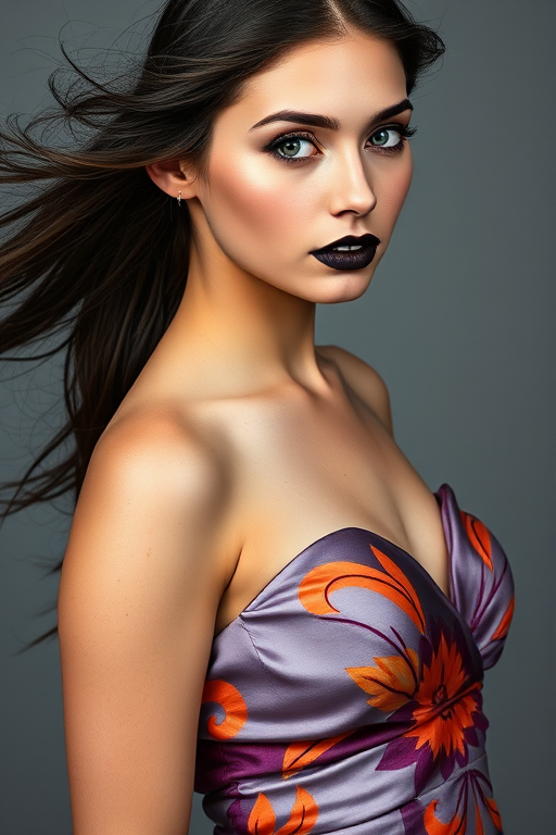 Photographic image of a beautiful young Native American woman, blue eyes, lips with black lipstick, long hair fluttering in the wind and wearing a silk strapless dress with a soft purple and orange print. monochrome image with only color highlights in the iris of the eyes, lipstick and dress. Gray background.