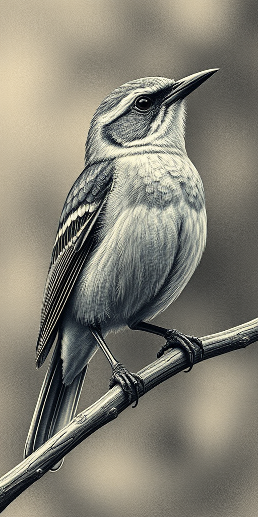 Create a highly detailed illustration of a bird perched on a branch, using a vintage etching style, captured with a DSLR camera at f/5.6 aperture, ISO 100, and a focal length of 100mm, with natural lighting and a shallow depth of field to enhance the texture and details of the feathers.