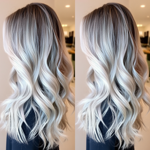 Ethereal silver ombre with soft waves, dubbed "Moonlit Mist," transitions from dark roots to a luminous, ethereal silver that seems to glow