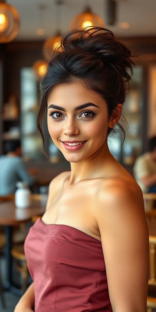 The image is a photograph of a young woman with a light olive skin tone and dark hair slightly messy updo. Her eyes are piercing,   wearing a formfitting dress Standing in a cafe. looking a the viewer, smile