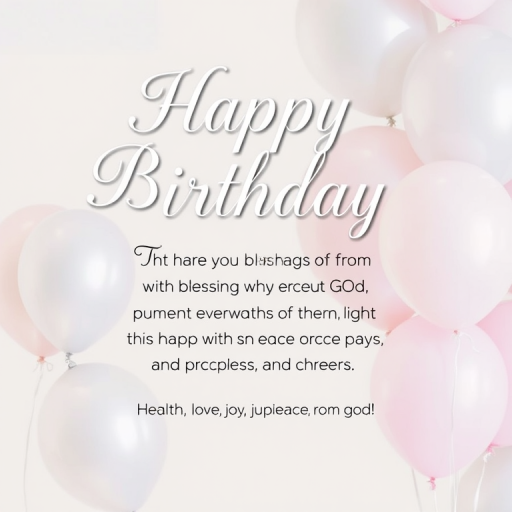 Create a birthday greeting card design with elegant typography that says Happy Birthday in a stylish font. Include a heartfelt message wishing the recipient blessings from God, emphasizing health, love, joy, peace, and prosperity. Use a soft color palette with silver and pastel balloons in the background to enhance the celebratory theme.