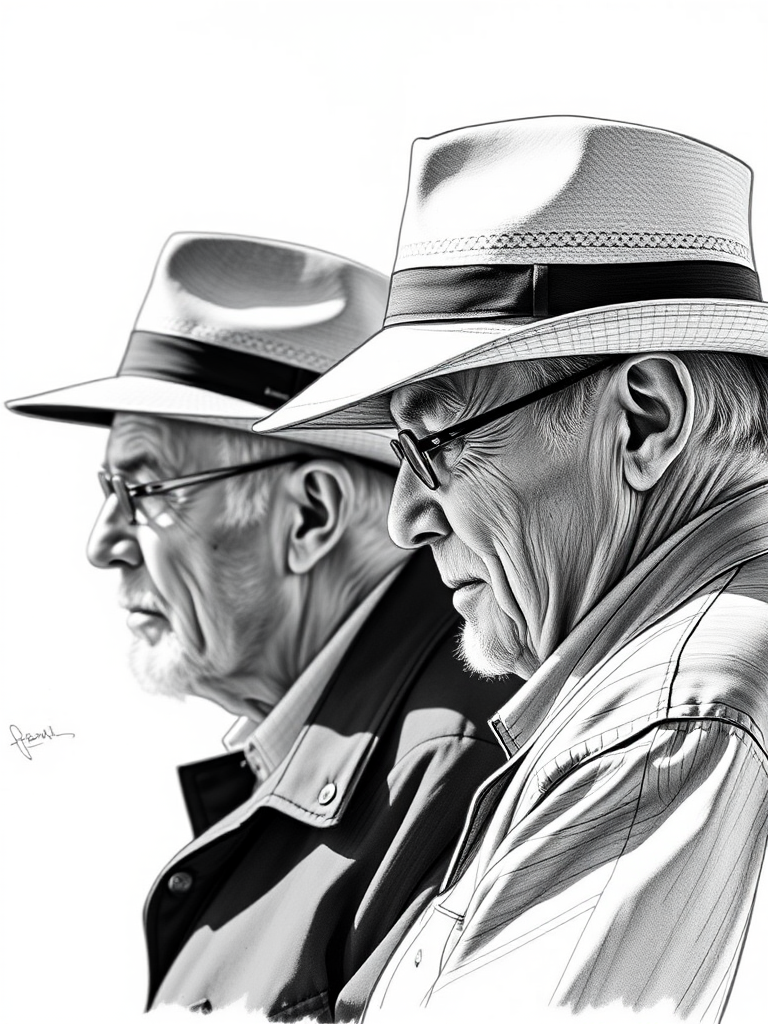 Regenerate a detailed sketch of two elderly men in profile wearing hats, captured with a DSLR camera at f/8 aperture, ISO 100, with a 50mm lens in a natural light setting to enhance clarity and sharpness.