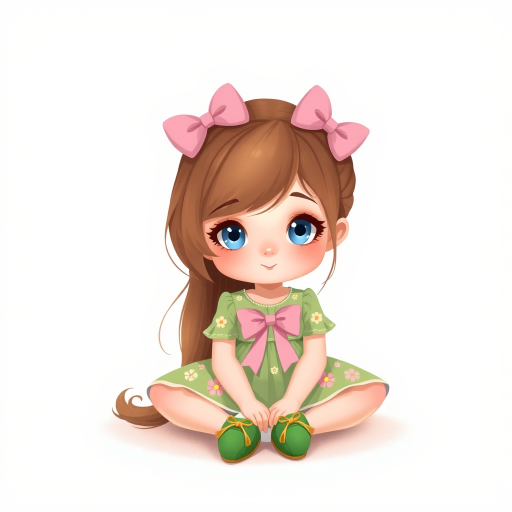 digital illustration of a kid girl with brown hair and blue eyes, sitting on the floor with her legs crossed and her hands resting on her knees. she is wearing a green floral dress with a pink bow on the front and a pair of green shoes with gold ribbon. She has a pink bows on her head. The background is a light beige color with a subtle texture. whimsical and dreamy.The color scheme is soft and muted pastel.