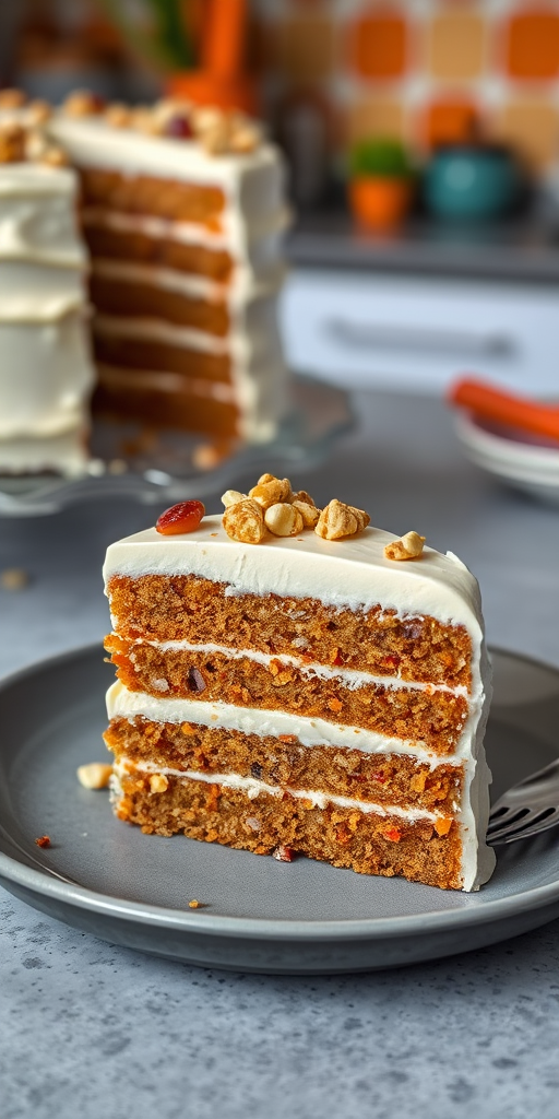 A delicious slice of layered carrot cake with cream cheese frosting on a gray plate, garnished with crushed nuts and dried fruits, with a blurred background of more cake and a vibrant kitchen setting.