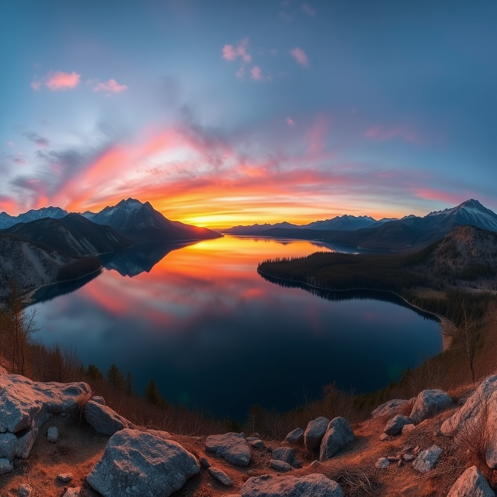 Create a high-resolution image of a serene landscape featuring a calm lake surrounded by mountains during sunset, captured with a DSLR camera at f/8 aperture, 1/125 second shutter speed, ISO 200, 24mm lens, wide-angle view, using natural lighting to enhance colors and details.
