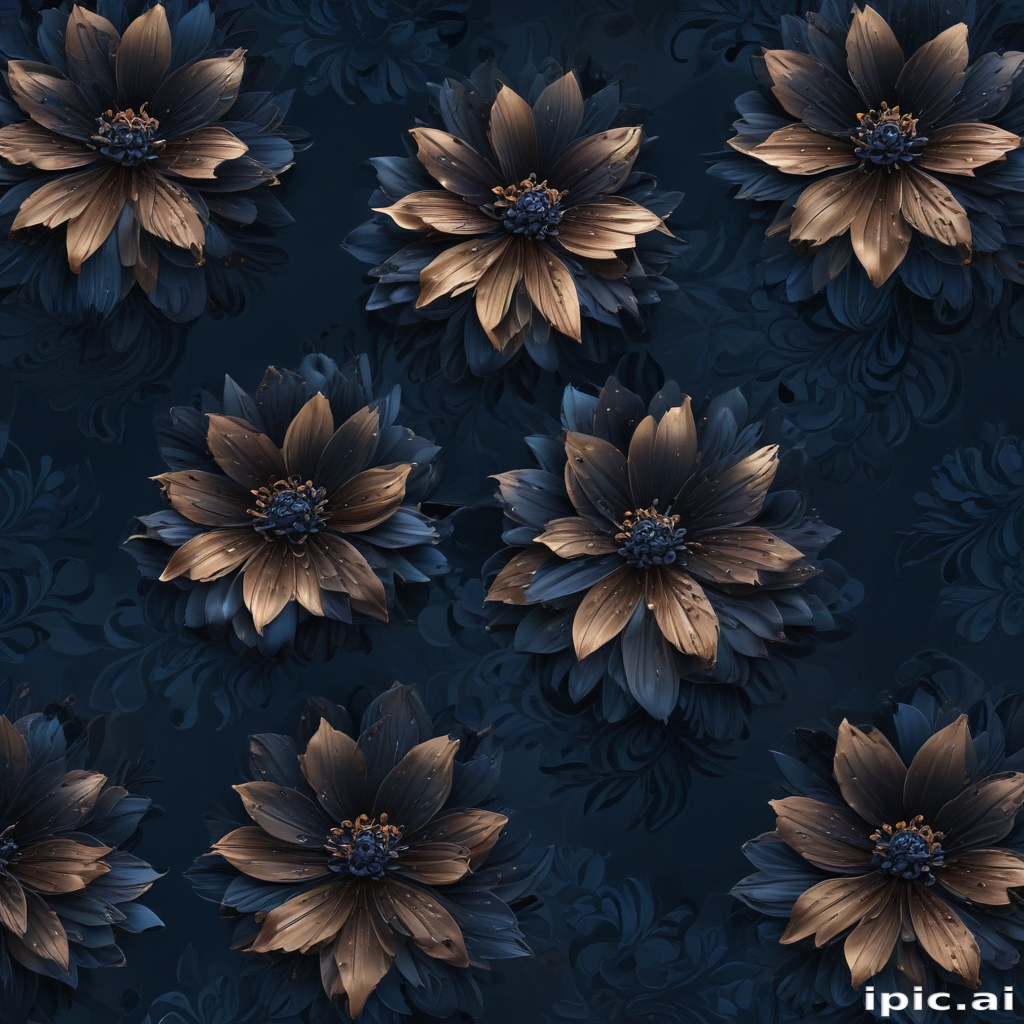 Elegant Dark Floral Pattern with Golden Blooms on Deep Blue Background