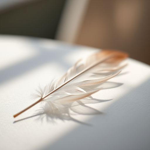 Create a high-resolution image of a delicate feather lying on a soft surface with natural lighting, using a Canon EOS R5, 50mm lens, f/2.8 aperture, ISO 100, and a shallow depth of field to enhance details and texture.